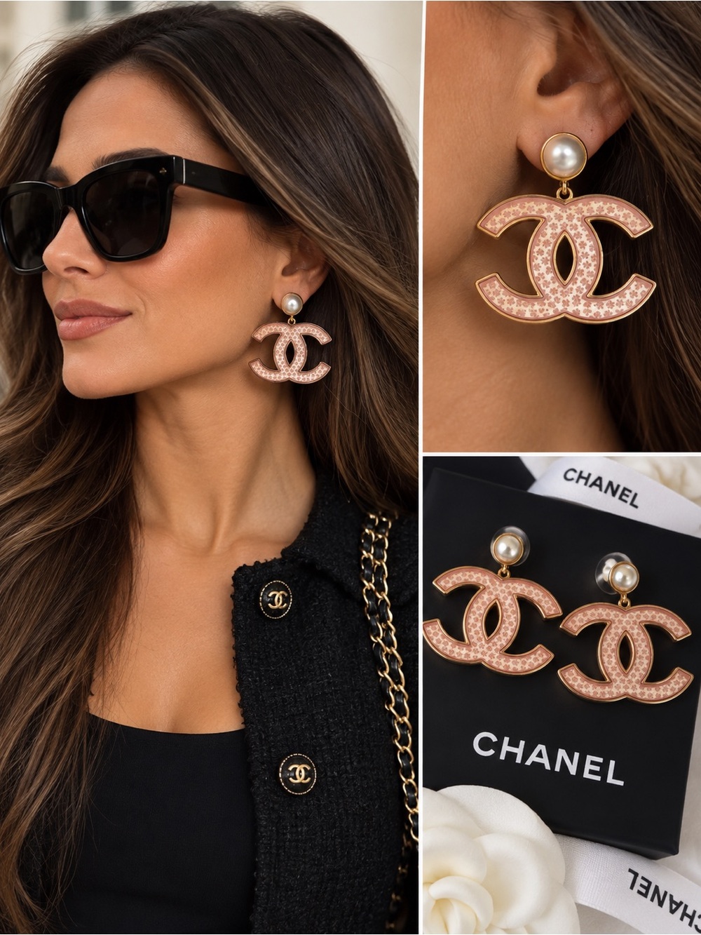 CHANEL Pink Pearl CC Drop Earrings with Gold-Tone Accents